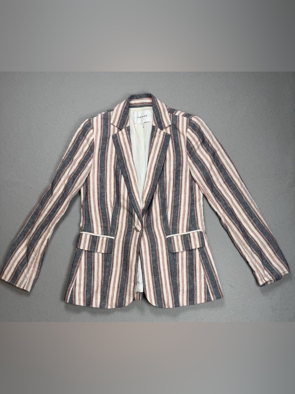 Frame Classic Vertical Striped 100% Linen Blazer Jacket Red/Blue Size 4